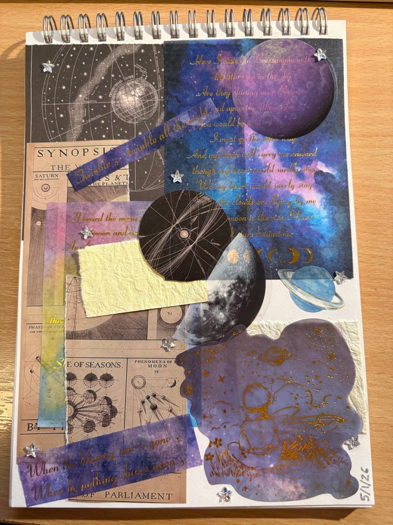 A rectangular page with a purple and blue hued mix of space stickers and sheets on it.